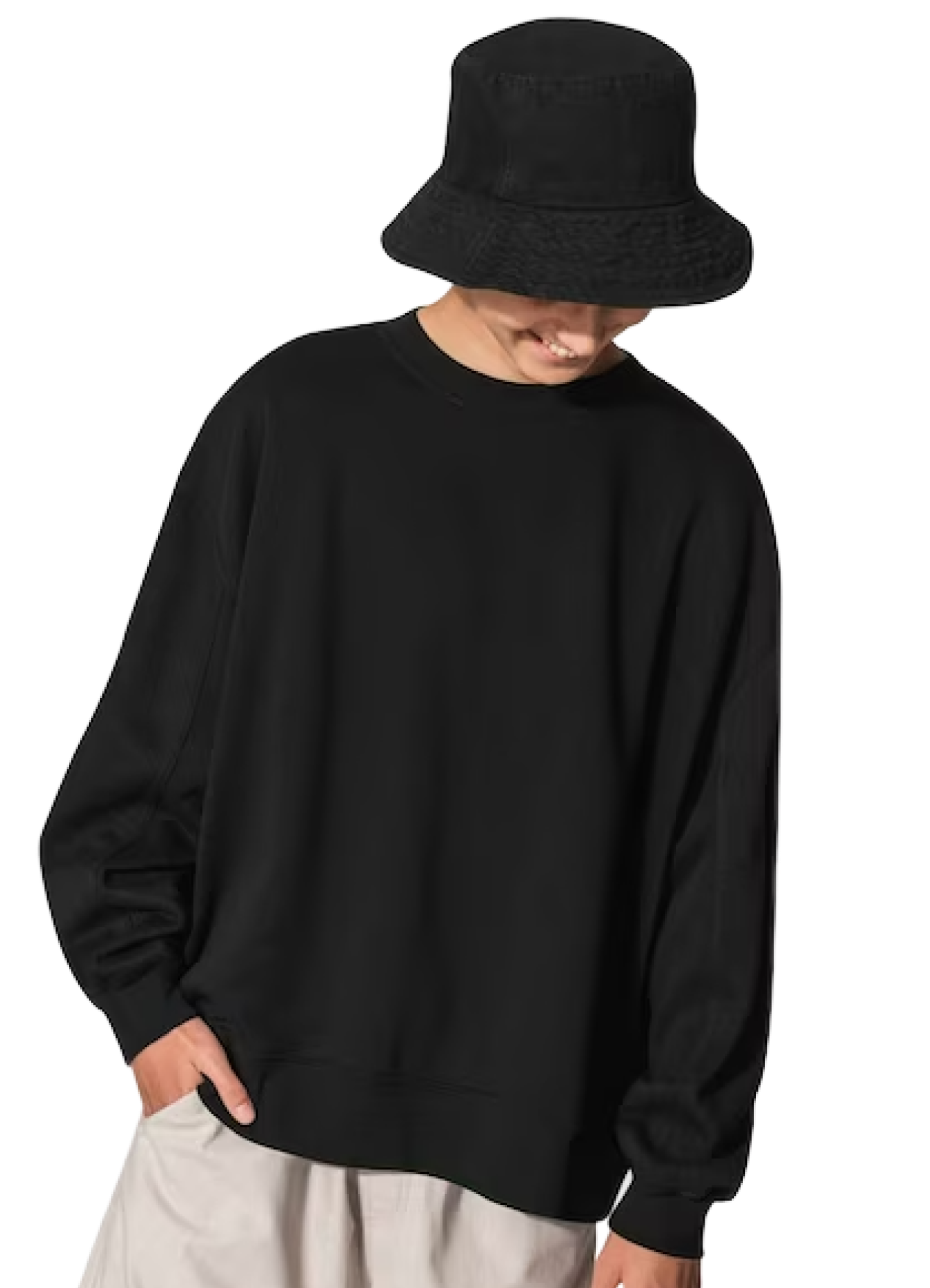 Man in black sweater and black bucket hat youth apparel shoot